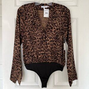 Good American Wrap-effect Sepia Leopard-Print Satin Bodysuit 0